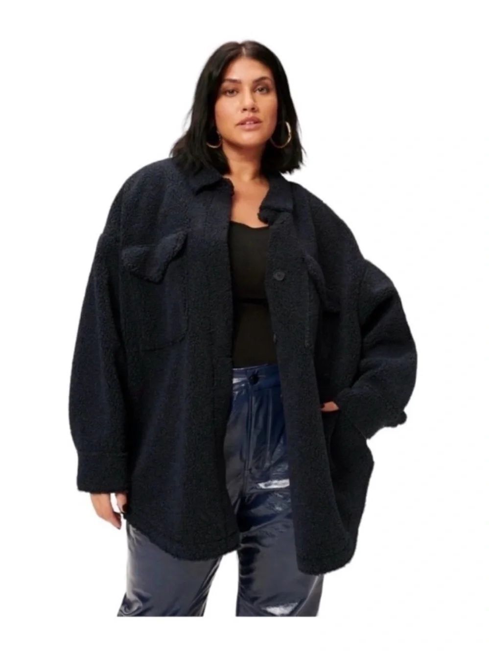 Good American Black Teddy Jacket - Oversized Sherpa Shacket fits like XL